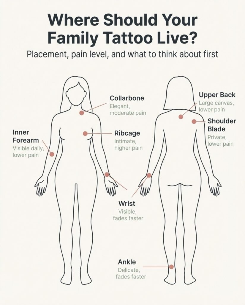 A minimalist body placement guide infographic showing popular family tattoo locations including inner forearm, collarbone, ribcage, upper back, and shoulder blade with pain level notes.
