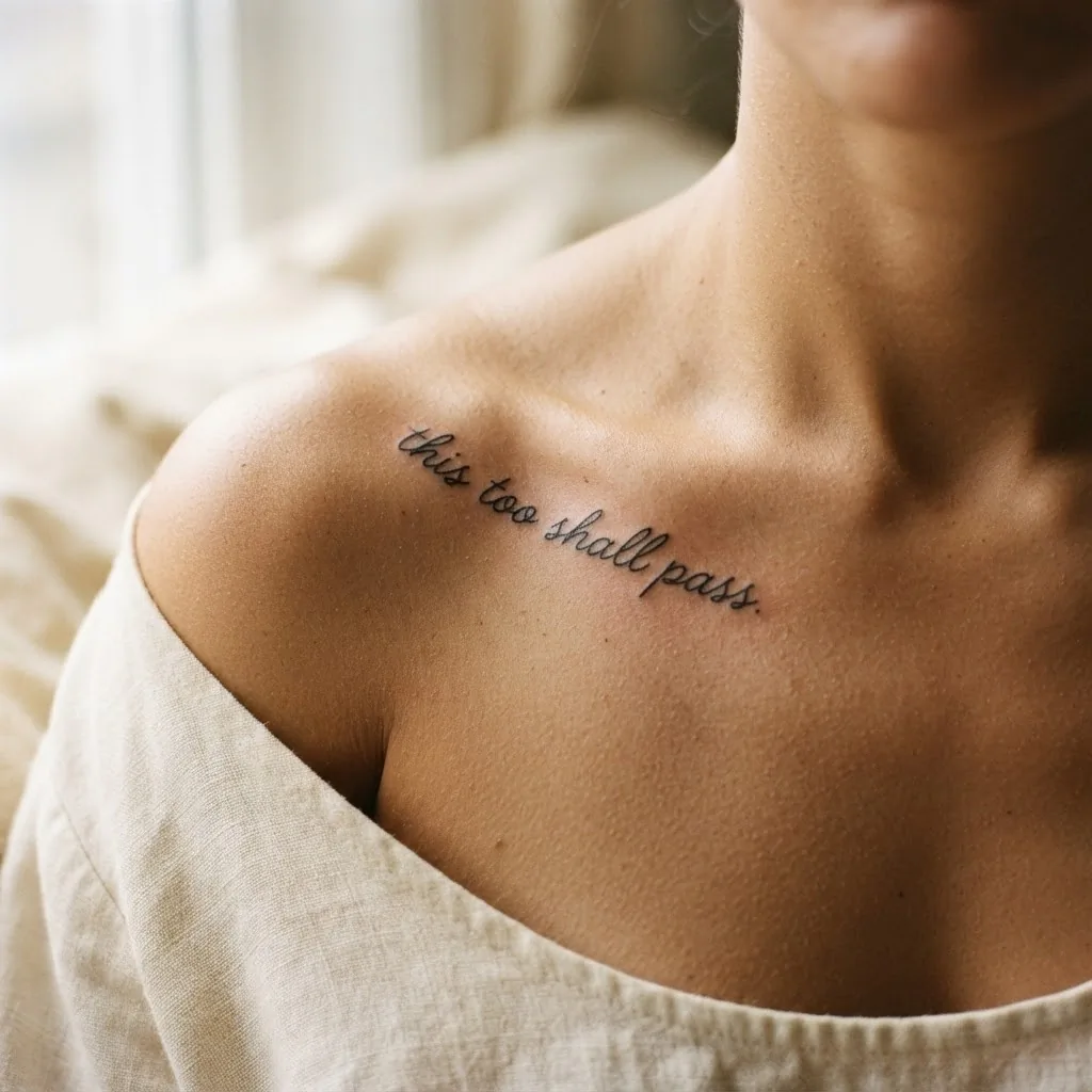 Close-up of a healed fine-line script quote tattoo along a woman's collarbone on warm medium-tone skin, soft natural light highlighting clean lettering and skin texture.
