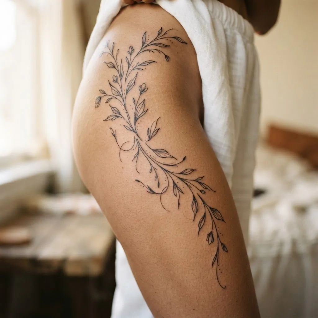 Close-up of a healed fine-line botanical wrap tattoo curving along a woman's outer thigh, featuring delicate stems, small leaves, and trailing tendrils in clean black ink against warm natural skin.