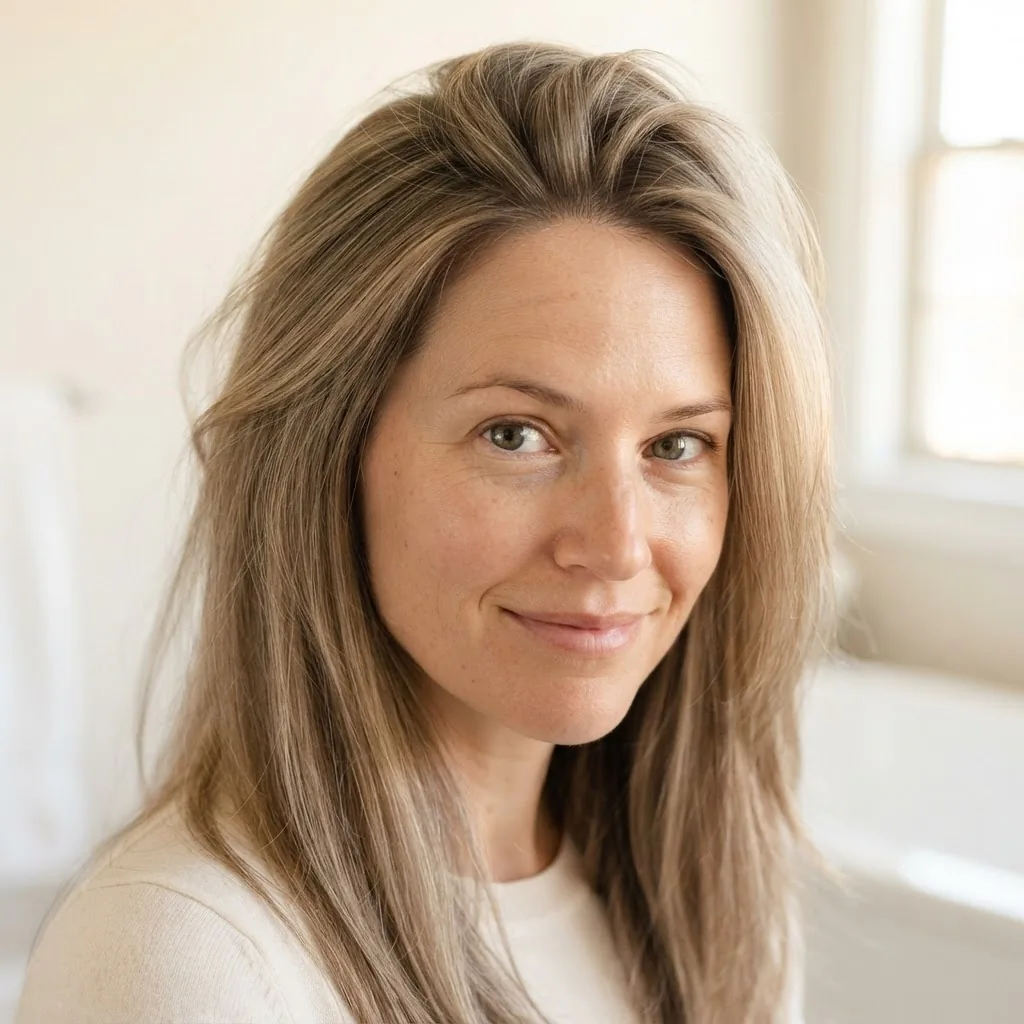 A close-up of fine, light brown hair with visible root lift and volume at the crown on a woman in her thirties, styled after using a volumizing sulfate-free shampoo.