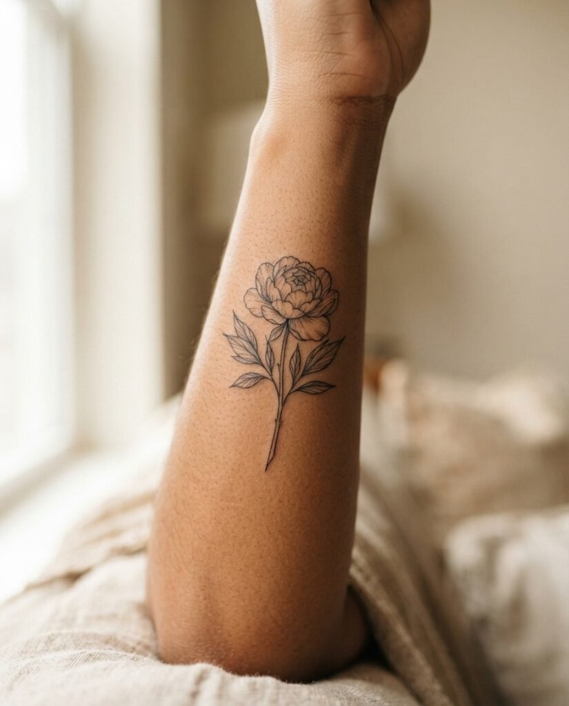 Close-up of a delicate fine-line birth flower tattoo on the inner forearm of a woman with medium brown skin tones in soft natural window light.