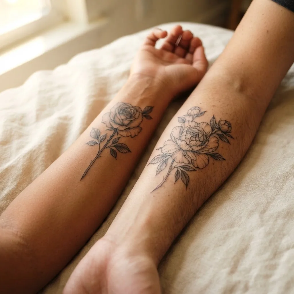 Close-up of two healed fine-line botanical tattoos on adult forearms, one featuring a rose and one a peony, soft window light, professional studio work.