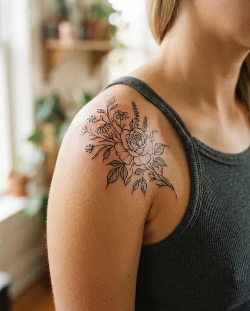 A detailed close-up of a fine-line botanical floral shoulder tattoo on a woman's outer cap, featuring delicate rose and leaf linework in black ink on medium-tone skin.