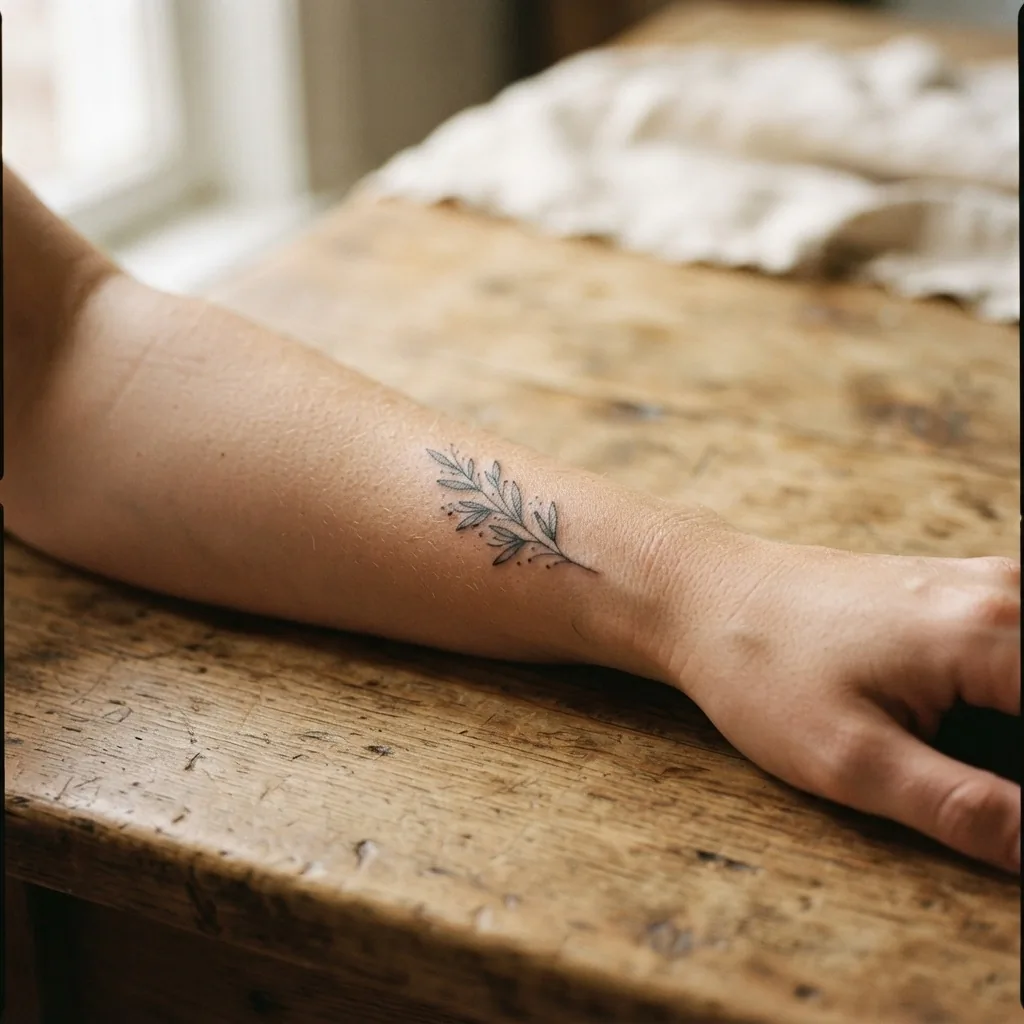 Close-up of a healed fine-line minimalist tattoo on an adult forearm showing well-maintained ink after several years, warm natural light, realistic skin texture.