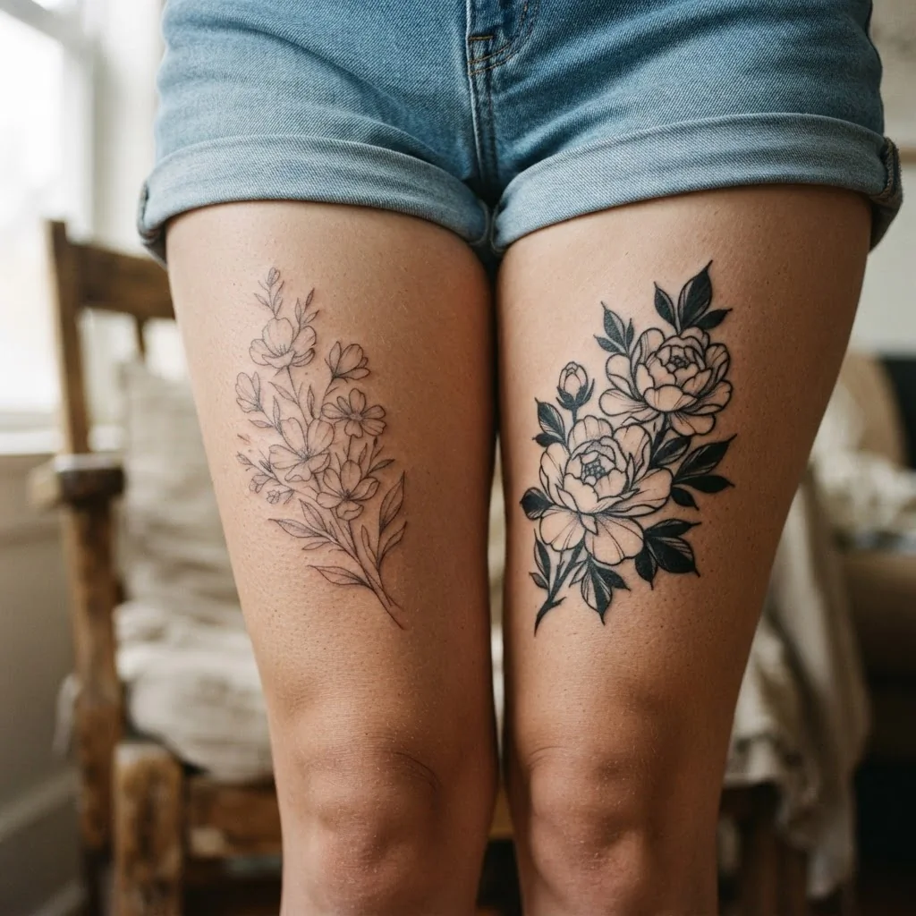 Side-by-side close-up comparison of a healed fine-line floral thigh tattoo beside a healed bold blackwork floral thigh tattoo, showing how line weight affects visual clarity over time on skin.