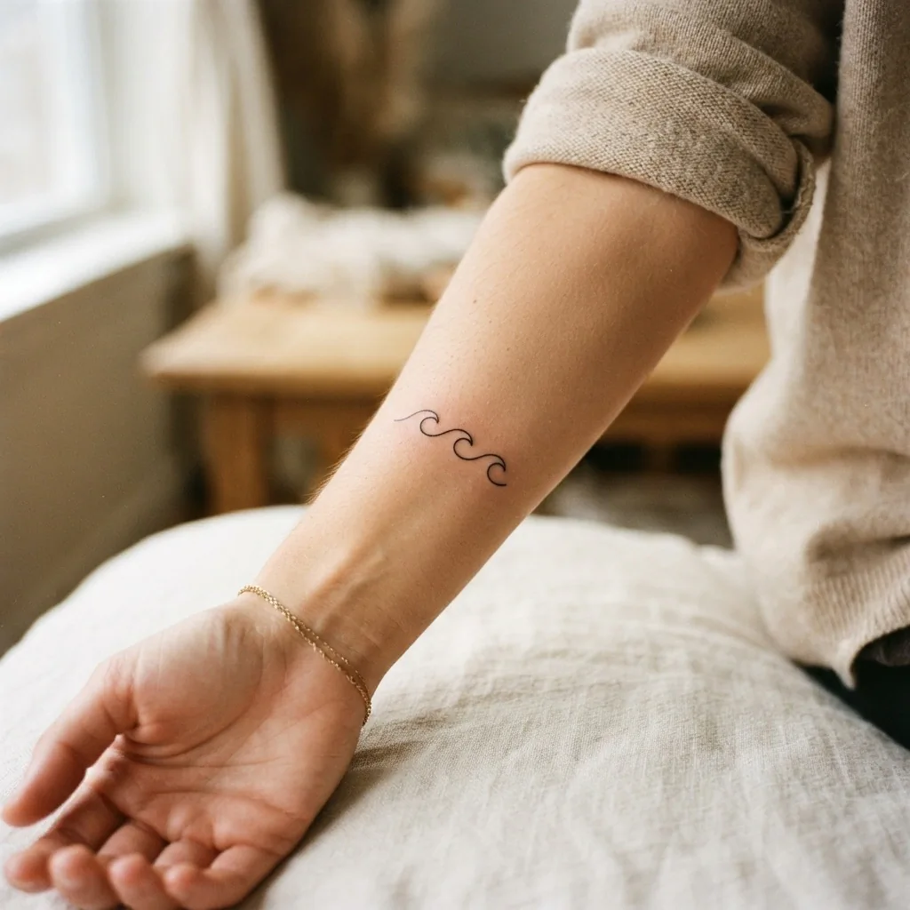 Healed fine line wave tattoo on the inner forearm of a woman in her twenties, showing three delicate curling waves in minimal black ink against natural warm skin.
