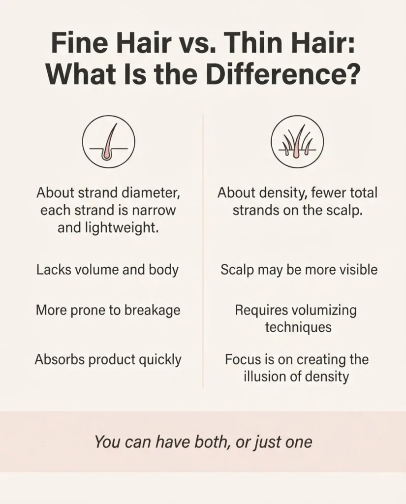 A flat vector infographic illustrating the difference between fine hair and thin hair using simple strand cross-section icons and density comparison labels in a clean minimalist layout.