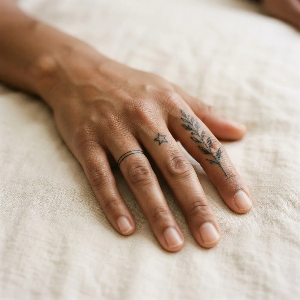 Flat-lay style close-up of a woman's hand showing three minimalist finger tattoos including a ring band, a knuckle star, and a fine-line botanical stem on adjacent fingers.
