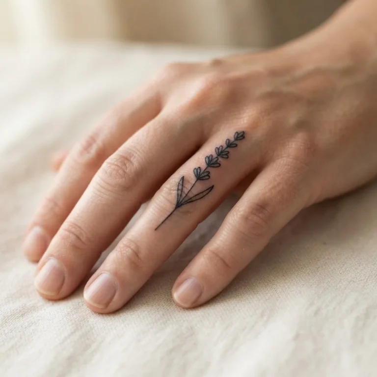 Close-up of a healed fine-line floral stem tattoo on a woman's ring finger against a soft neutral background, photographed in natural window light.