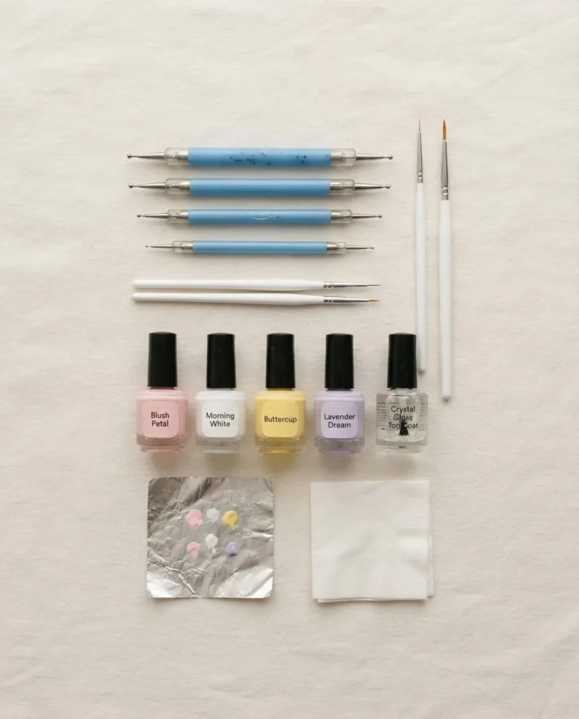 Flat lay of beginner floral nail art tools including double-ended dotting tools, fine liner brush, nail polishes in pastel shades, and a clear top coat on a white surface.