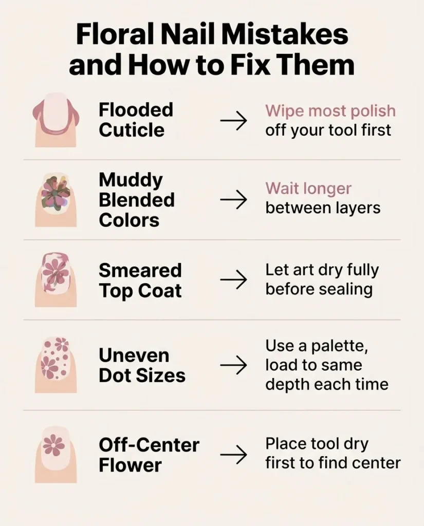 Flat vector infographic checklist showing five common floral nail art beginner mistakes and their quick fixes in a clean minimalist layout.