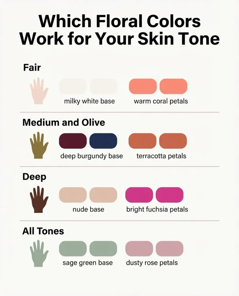 Infographic chart showing recommended floral nail base colors and petal color combinations organized by fair, medium, olive, and deep skin tones in a flat minimalist style.