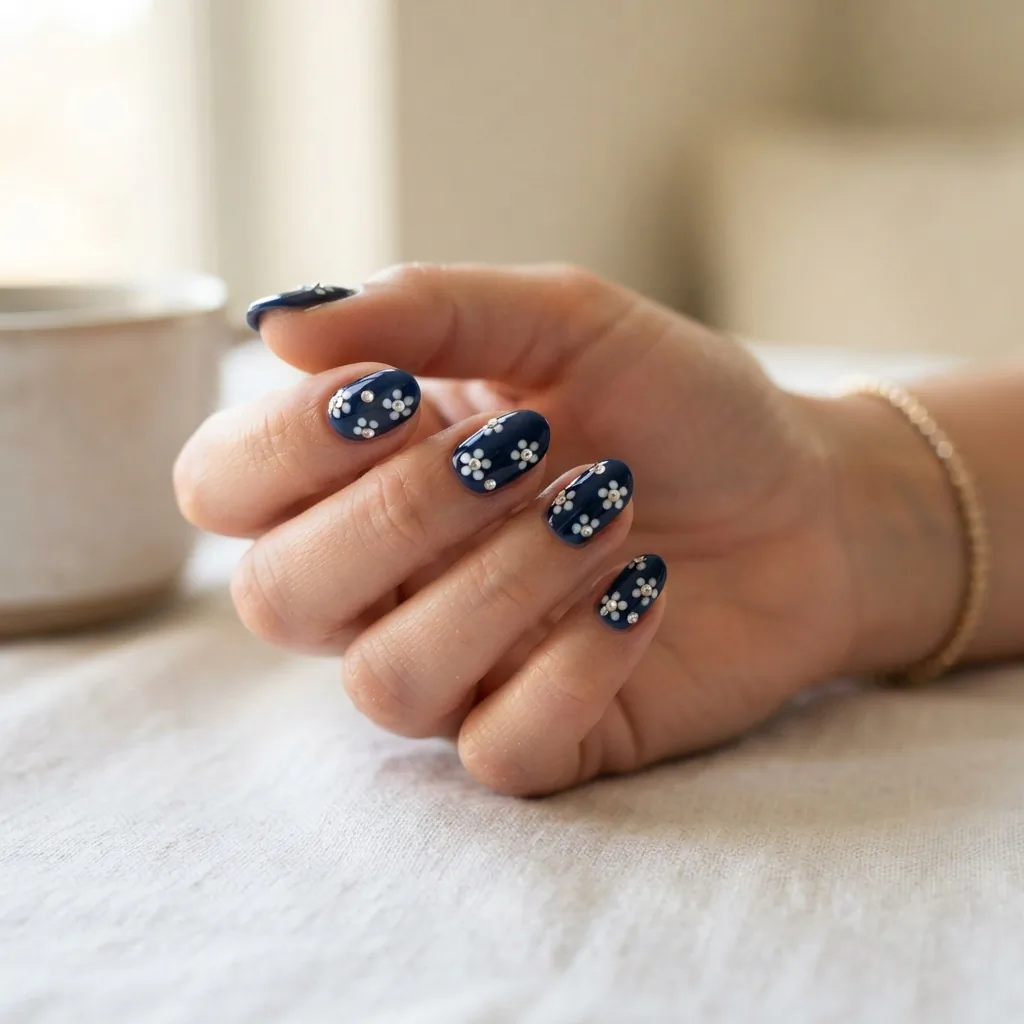 Close-up of crystal floral nail art on deep jewel-toned navy base with rhinestone centers on short almond nails, soft natural window light.