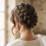 A close-up of a soft bohemian french braid crown hairstyle on a woman with medium brown wavy hair, gently pancaked and loosened with face-framing tendrils falling free.