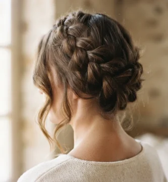 A close-up of a soft bohemian french braid crown hairstyle on a woman with medium brown wavy hair, gently pancaked and loosened with face-framing tendrils falling free.