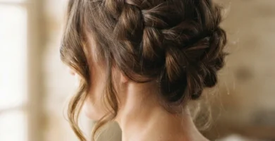 A close-up of a soft bohemian french braid crown hairstyle on a woman with medium brown wavy hair, gently pancaked and loosened with face-framing tendrils falling free.