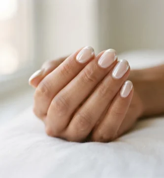 Close-up of a chrome glazed-donut French tip manicure on medium-toned hands with a mirror-finish white pearl tip and sheer nude base, photographed in soft natural window light.