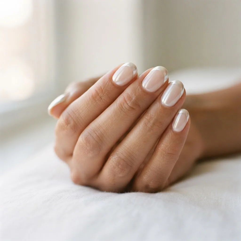 Close-up of a chrome glazed-donut French tip manicure on medium-toned hands with a mirror-finish white pearl tip and sheer nude base, photographed in soft natural window light.