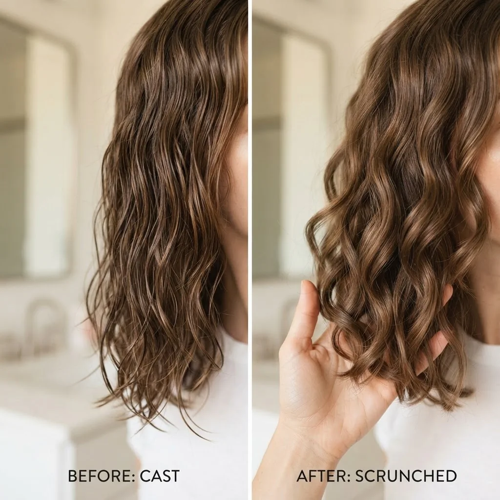 Side-by-side close-up of wavy hair before and after scrunching out the gel cast showing the transformation from crunchy stiff texture to soft defined waves.