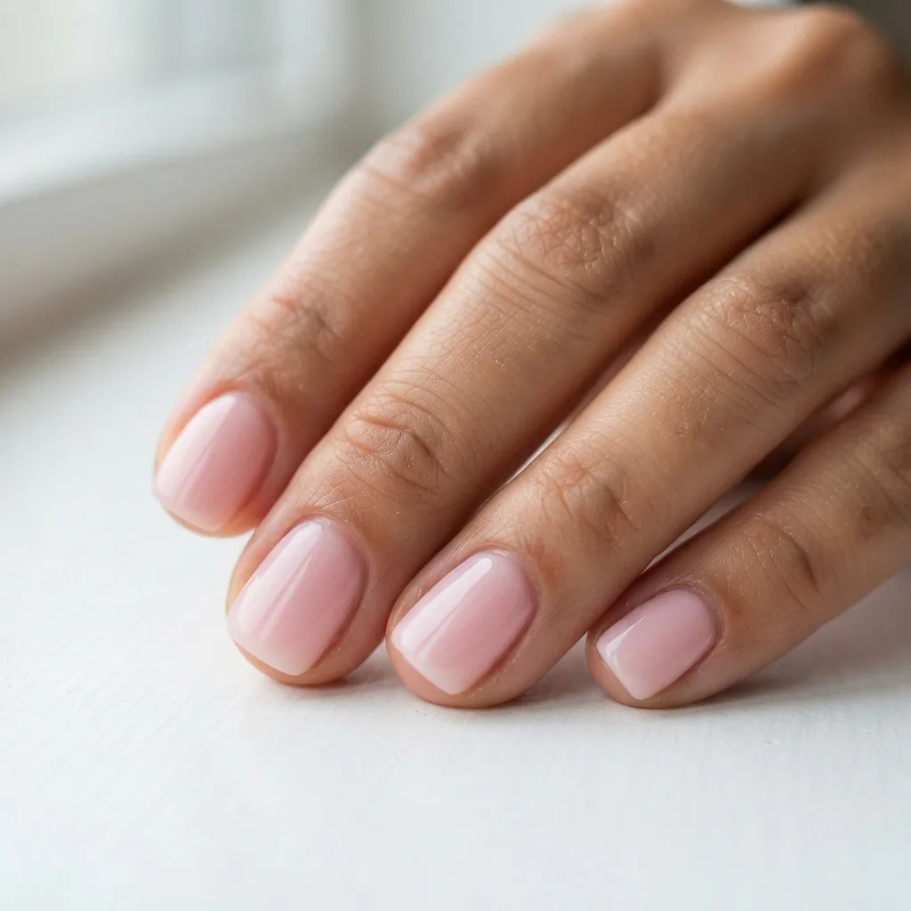 Close-up of a finished at-home gel manicure with a glossy milky pink polish on short natural nails, soft warm window light, realistic skin texture.