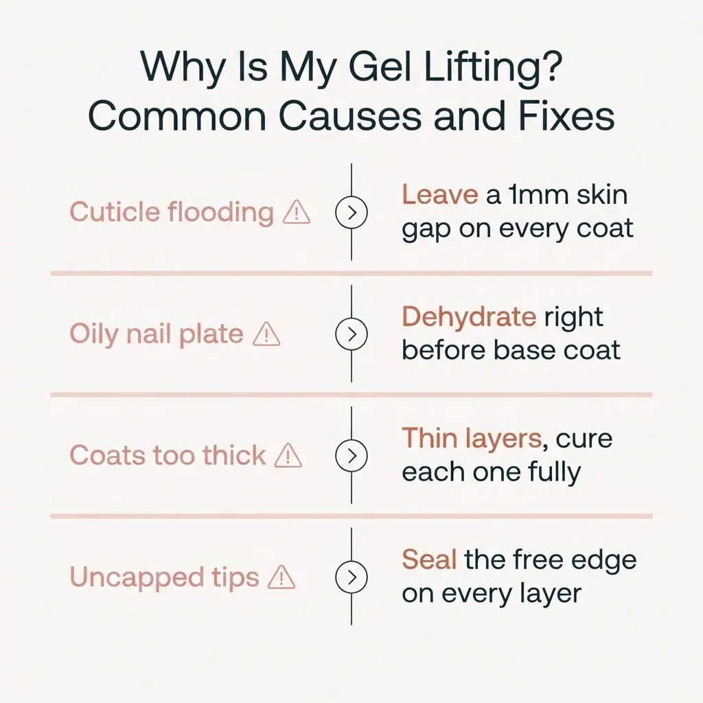 Flat infographic listing four common reasons gel nails lift at home including cuticle flooding, oily nail plate, thick coats, and uncapped tips with fix tips for each.