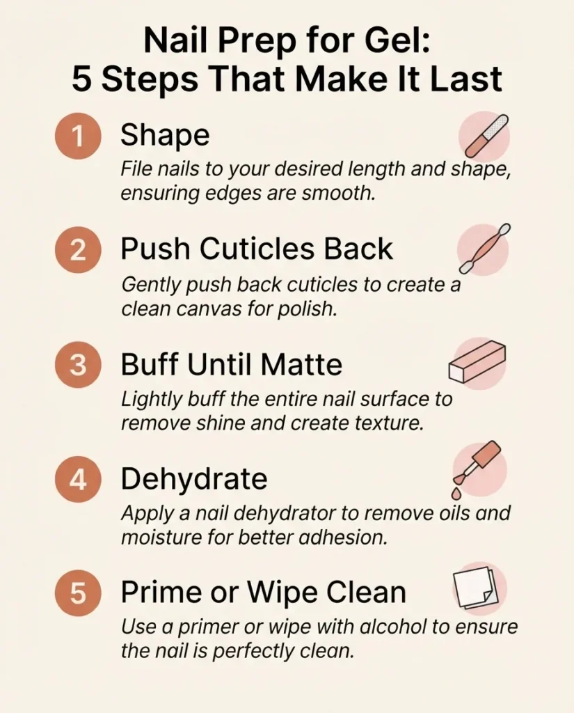 Infographic showing the five nail prep steps for an at-home gel manicure including shaping, cuticle pushing, buffing, dehydrating, and priming in a flat vector style.