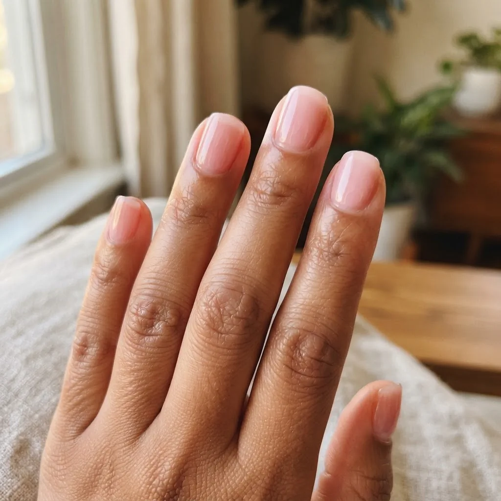 Finished at-home gel manicure on short natural squoval nails with a sheer jelly pink gel polish, warm natural lighting, medium skin tone, realistic close-up.