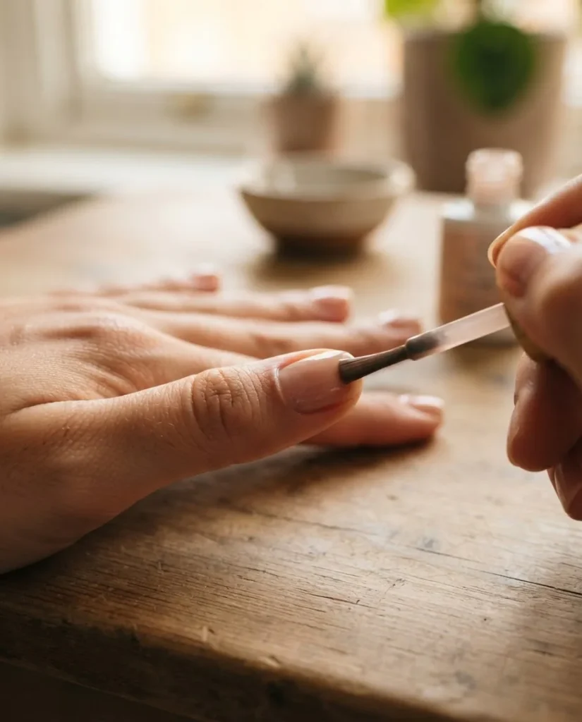 Close-up in-progress shot of a brush applying a thin coat of soft nude gel polish to a natural nail with a visible cuticle gap and clean sidewalls.
