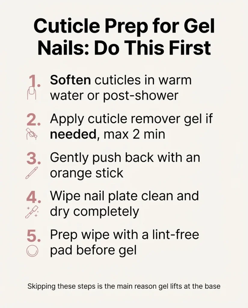  Flat vector checklist infographic titled Cuticle Prep for Gel Nails listing five steps including soften, push back, clean, dry, and wipe with a prep pad.