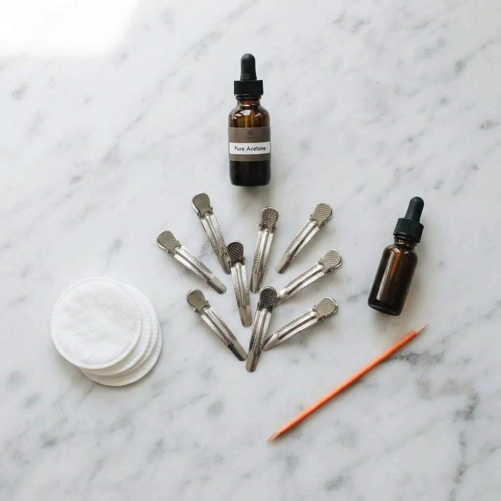 Overhead flatlay of at-home gel nail removal supplies including a bottle of pure acetone, silver foil nail clips, cotton pads, and an orange cuticle stick arranged on a clean white marble surface.