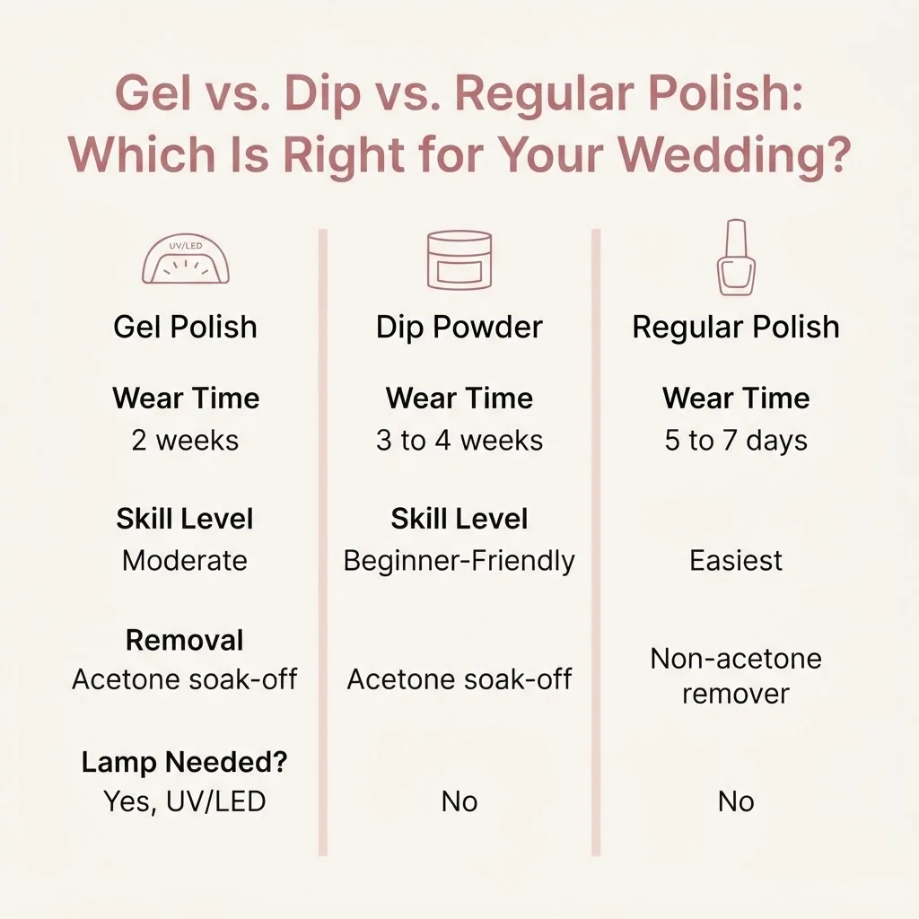 Flat vector infographic comparing gel, dip powder, and regular polish for wedding nails across wear time, skill level, removal method, and cost.