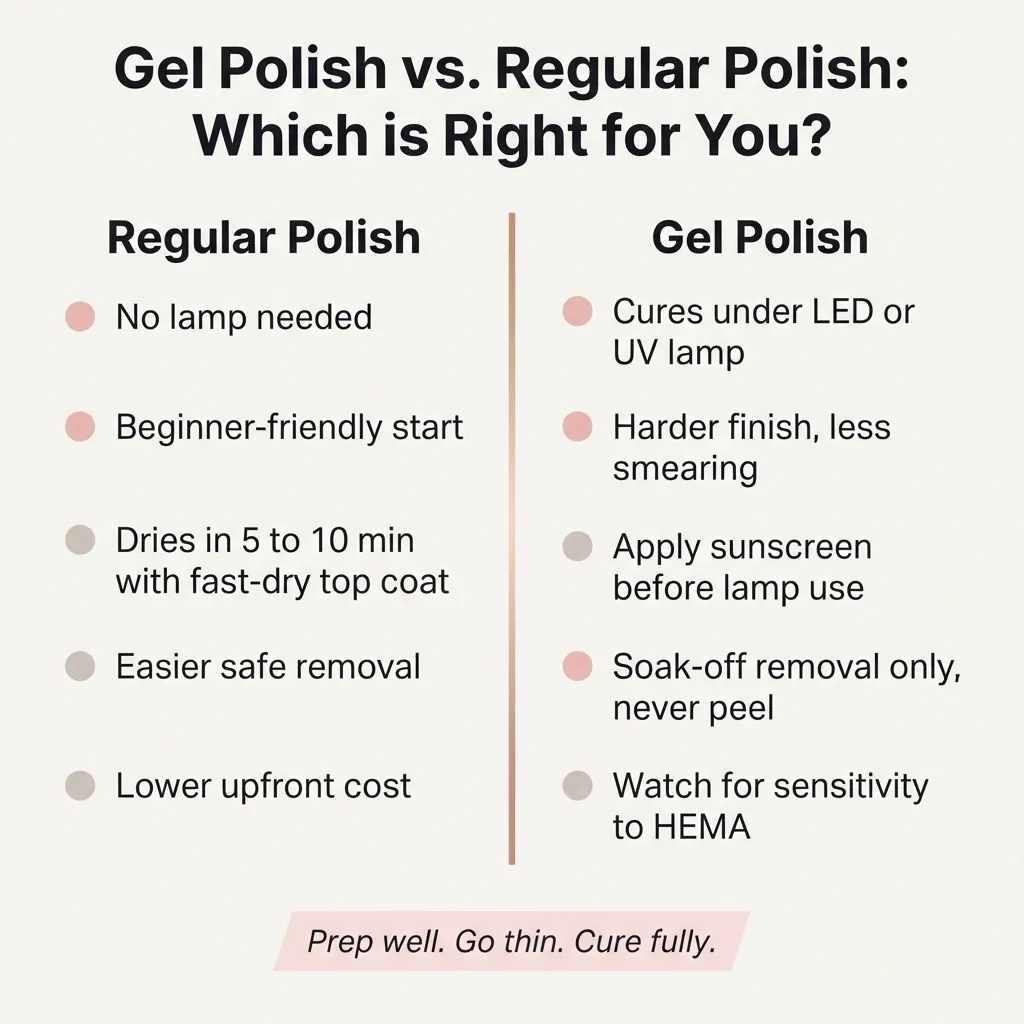 Flat vector comparison checklist infographic titled Gel Polish vs Regular Polish for Minimalist Nails showing pros and cons of each system for at-home beginners.