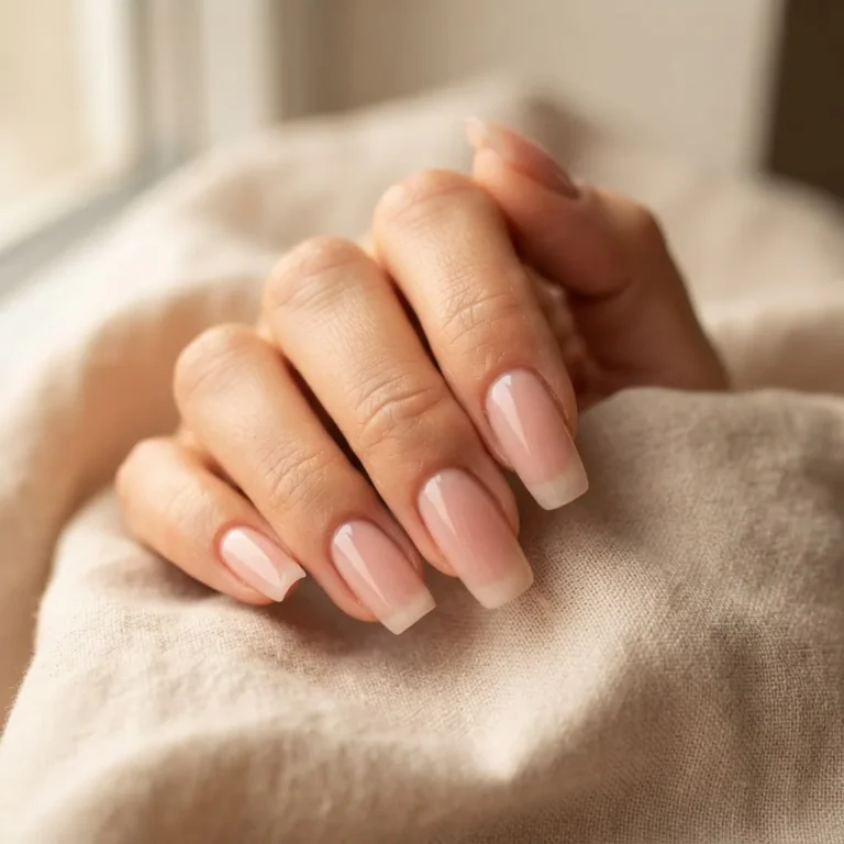 Close-up of naturally grown long squoval nails with a sheer blush pink polish on a warm-toned hand resting on a light linen surface, soft natural window light.