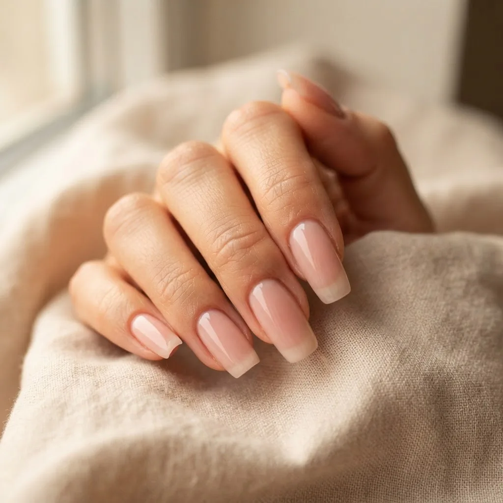 Close-up of naturally grown long squoval nails with a sheer blush pink polish on a warm-toned hand resting on a light linen surface, soft natural window light.