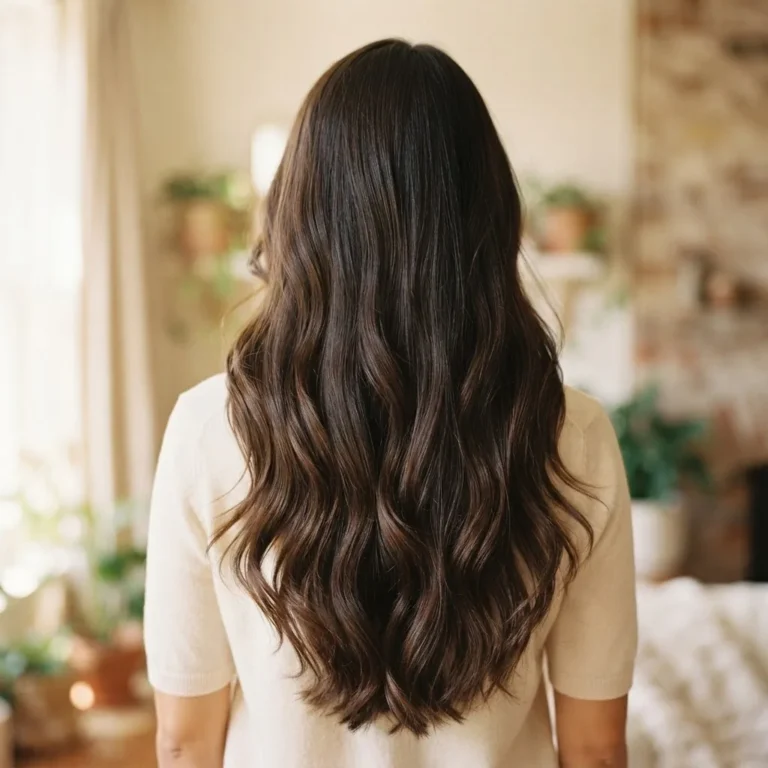 Close-up of long healthy natural hair with soft shine and clean ends against a warm neutral background showing healthy length retention.