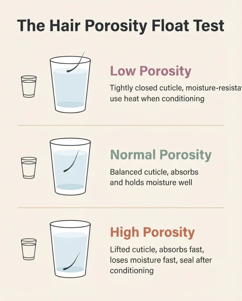 Flat vector infographic illustrating the hair porosity float test with three labeled results, low porosity, normal porosity, and high porosity, with deep conditioning tips for each.
