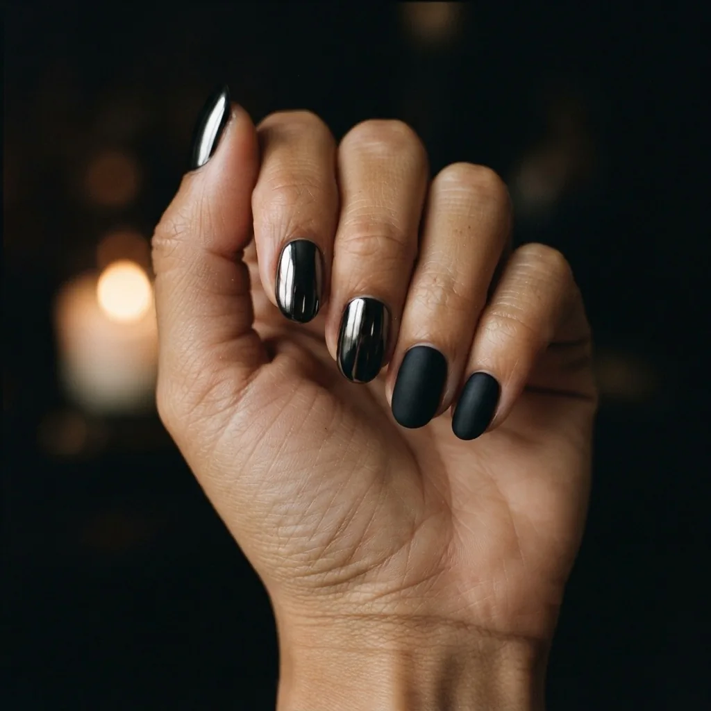 Macro beauty shot of a hand with three mirror-chrome black nails and two matte black nails against a dark moody background, showing the reflective contrast finish.