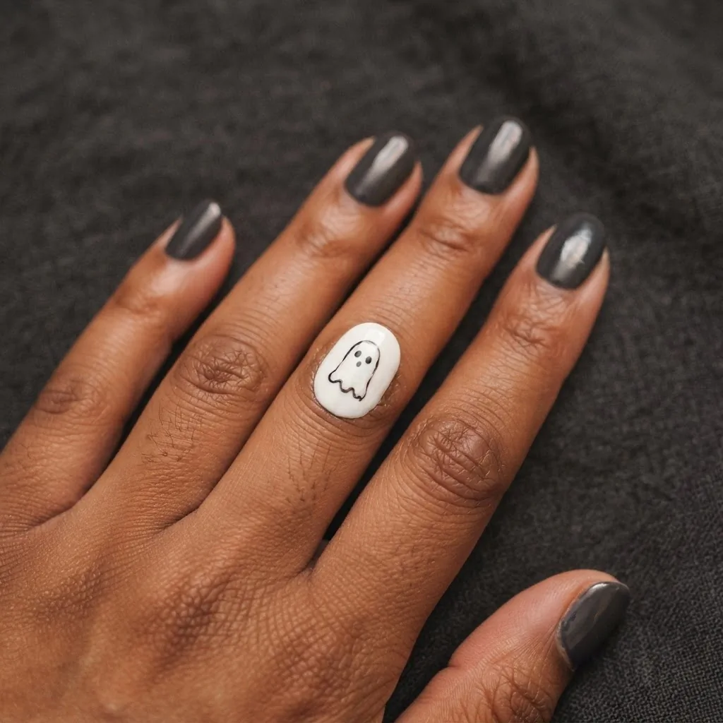 Close-up of four charcoal nails and one white accent nail with a cute hand-painted ghost design featuring dot eyes on a deeper-toned hand.