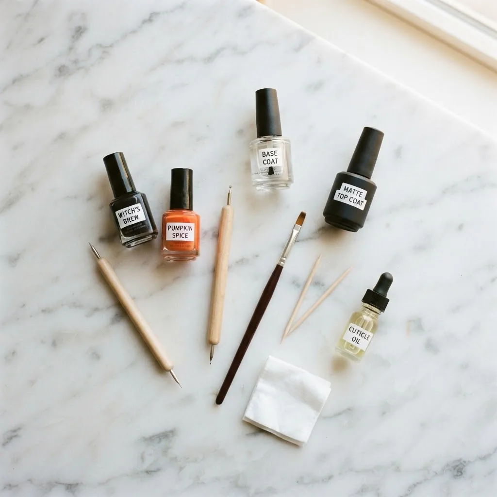 Flat lay of beginner Halloween nail art tools on a white surface including a dotting tool, thin striping brush, toothpick, base coat, matte top coat, and small bottles of black and orange nail polish.