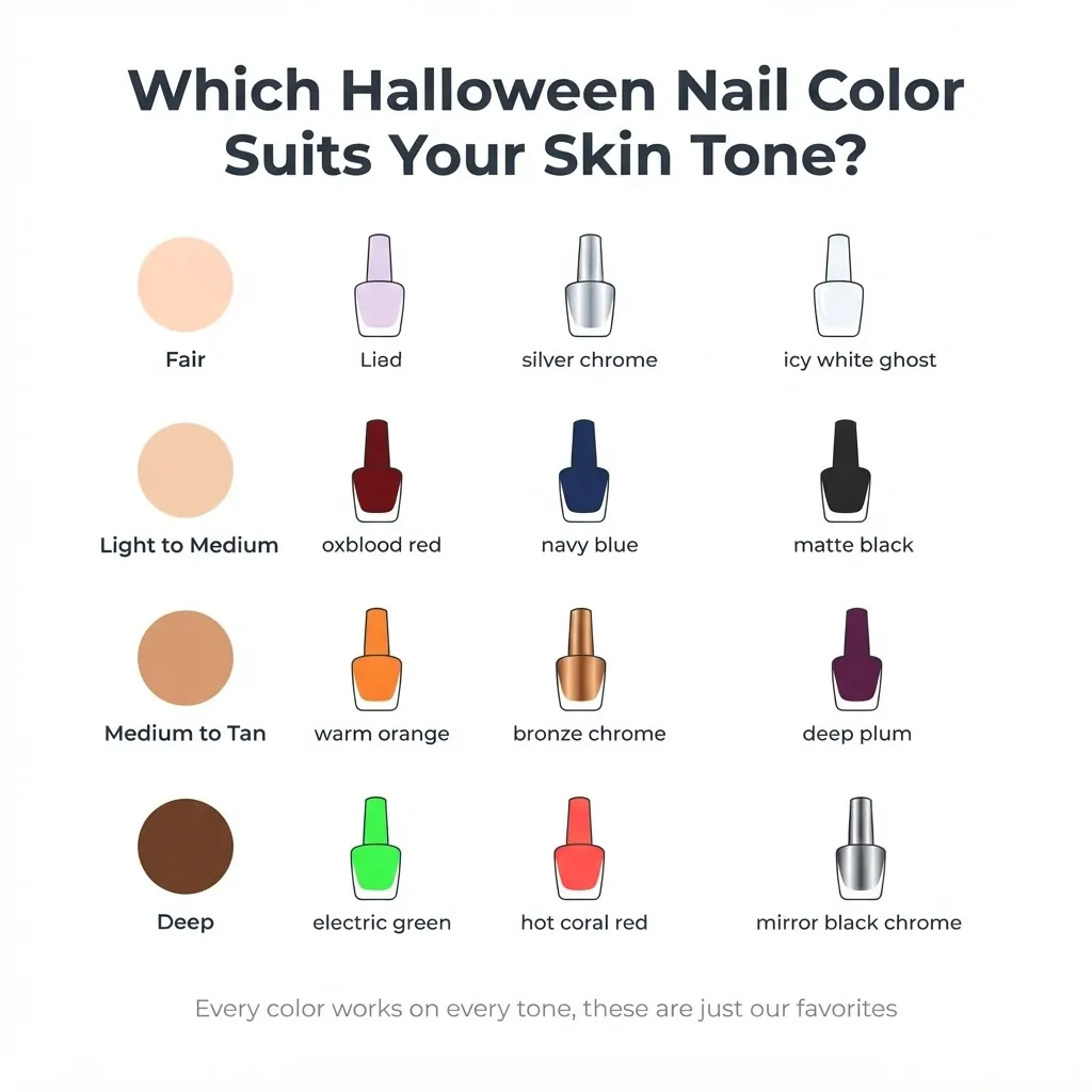 Infographic chart showing recommended Halloween nail colors paired with four skin tone swatches ranging from fair to deep, including oxblood red, chrome black, orange, and navy blue pairings.