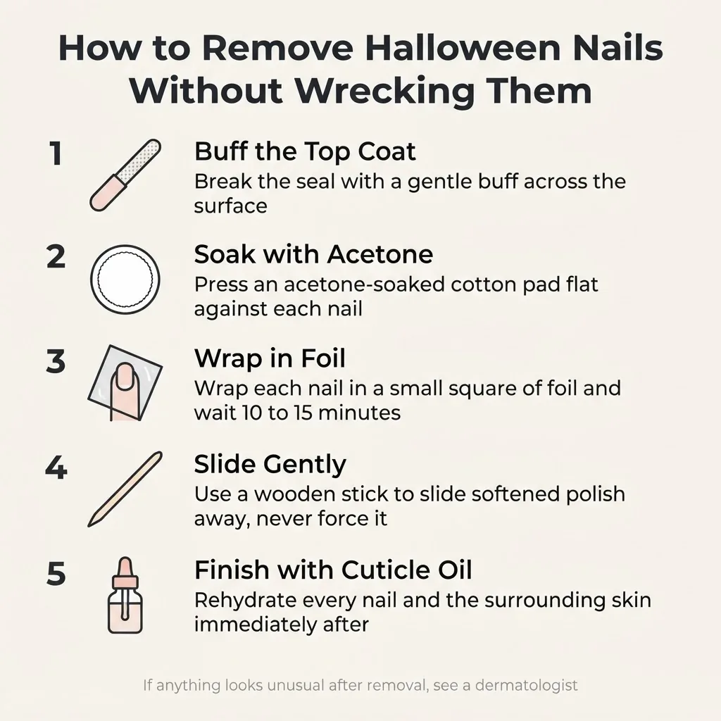Step-by-step infographic illustrating the safe Halloween nail polish removal process including buffing, acetone cotton pad, foil wrapping, and cuticle oil finishing steps.