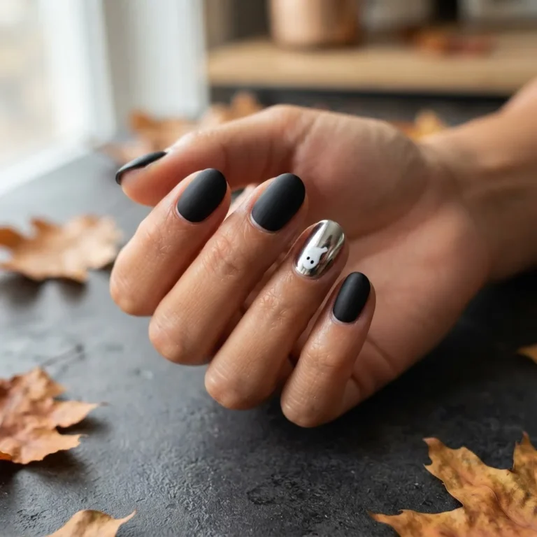 Close-up of a finished Halloween manicure on a medium-toned hand featuring matte black nails with a chrome accent nail and a tiny white ghost accent design.