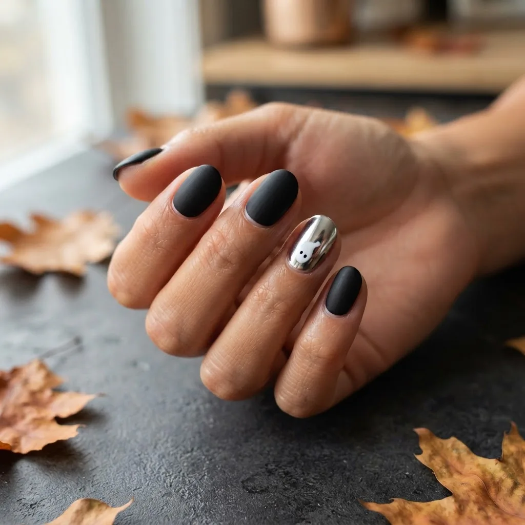 Close-up of a finished Halloween manicure on a medium-toned hand featuring matte black nails with a chrome accent nail and a tiny white ghost accent design.