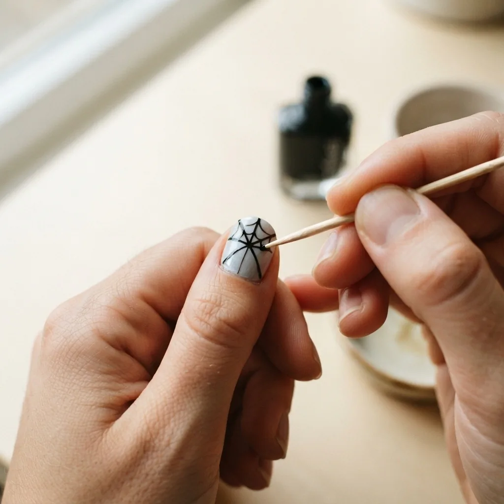 Close-up of a hand drawing a black spiderweb design on a pale gray nail using a toothpick, showing the spoke lines and first curved arc in progress.