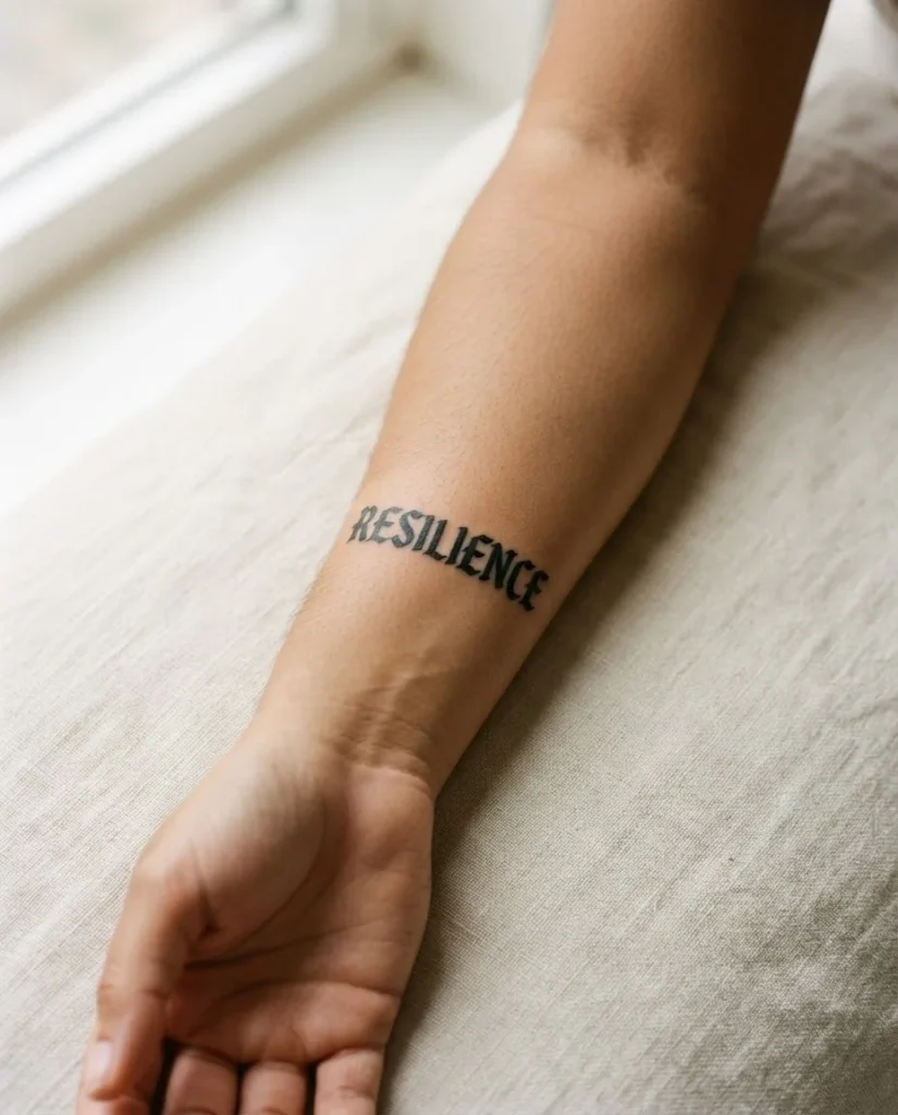 Close-up of a fully healed blackletter word tattoo on the inner forearm of a woman with light brown skin, photographed in warm window light showing ink clarity and skin texture.