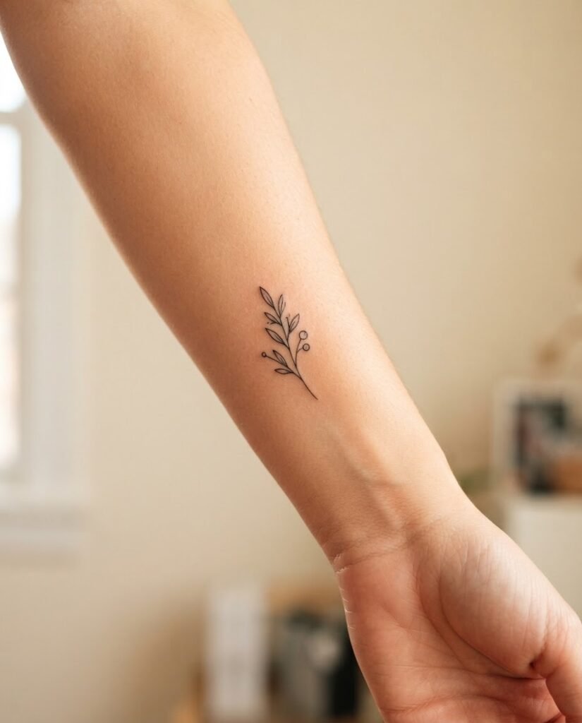 Close-up of a fully healed small minimalist fine-line tattoo on a woman's forearm with healthy glowing skin and soft warm studio lighting.