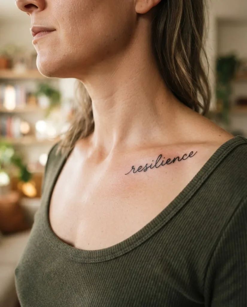 Close-up of a healed fine-line cursive word tattoo on a woman's collarbone, shown in soft warm lighting against natural skin tones.
