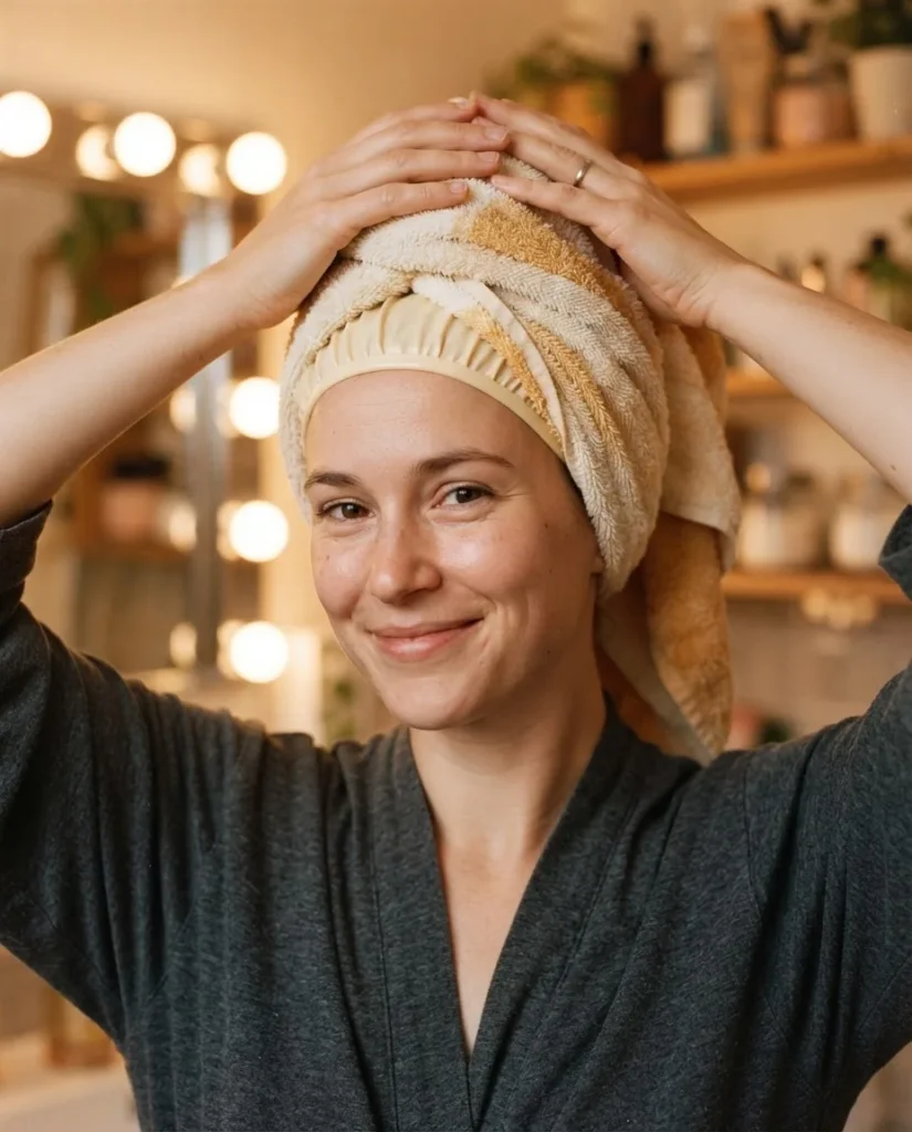 Woman with a plastic processing cap and warm towel wrapped around her hair during a deep conditioning treatment session, soft warm bathroom light, realistic close-up.