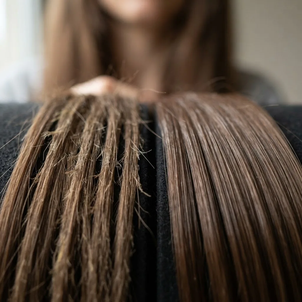 An extreme close-up macro shot showing two sections of hair side by side, one with a lifted rough cuticle texture and one with a smooth shiny surface, illustrating the visual difference between heat-damaged and healthy hair.