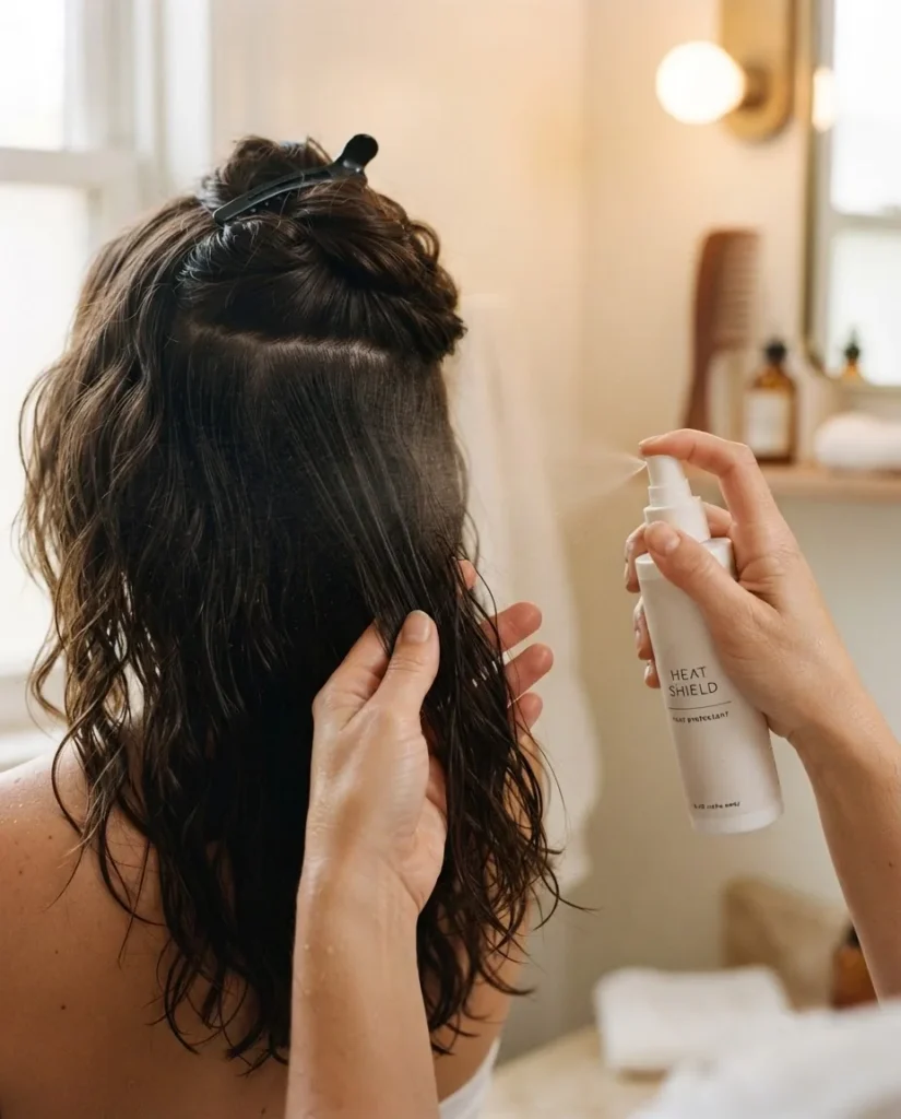 A close-up of a woman's hands sectioning damp brown hair and misting a heat protectant spray evenly from several inches away, shot in warm bathroom vanity lighting.